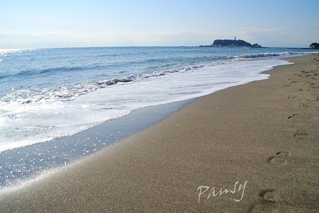 江ノ島のみえる砂浜・・